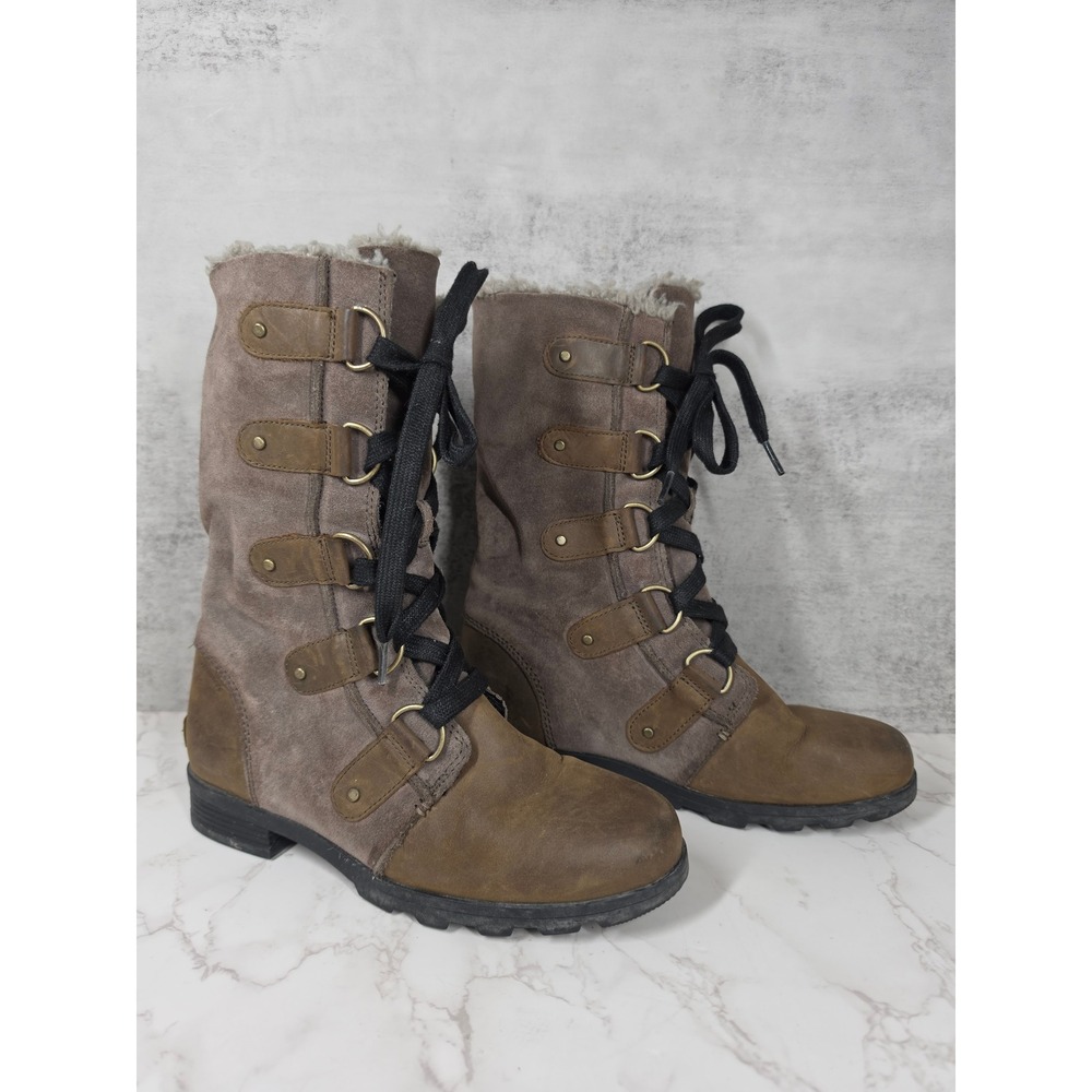 Sorel Emelie Waterproof Combat Boots Brown Leather Faux Fur NL2680-245 Women 7.5